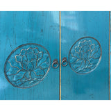 Distressed Teal Blue Lotus Carving Tall Credenza Storage Cabinet ws4480S