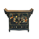 Vintage Chinoiseries Black & Stone Inlay Graphic Credenza Storage Cabinet ws4256S