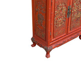 Oriental Red Matte Golden Relief Carving Small Cabinet Chest GB609S