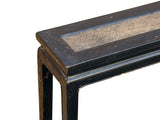 Distressed Rustic Black Lacquer Rattan Narrow Wood Bench Table GB617S