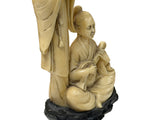 Vintage Asian Cow Bone Carved Lady w Gentleman Music Playing Figure Art GB647S
