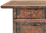 Distressed Vintage Red Brown Relief Floral Motif Side Table Cabinet ws4579S