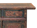 Distressed Vintage Red Brown Relief Floral Motif Side Table Cabinet ws4579S