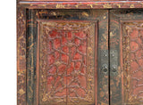 Distressed Vintage Red Brown Relief Floral Motif Side Table Cabinet ws4579S