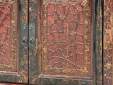 Distressed Vintage Red Brown Relief Floral Motif Side Table Cabinet ws4579S