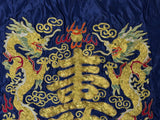 Vintage Hand Embroidered Double Dragons Longevity Navy Blue Fabric Art GB762S