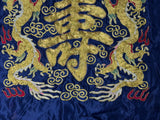 Vintage Hand Embroidered Double Dragons Longevity Navy Blue Fabric Art GB762S