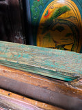 Distressed Brown Green Blue Village Slim Narrow Scroll Apron Wood Bench ws4535S