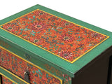 Distressed Green Orange Red Tibetan Floral End Table Nightstand ws4625S