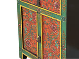 Distressed Green Orange Red Tibetan Floral End Table Nightstand ws4625S