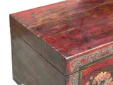 Vintage Distressed Brick Red Brown Flower Bird Oriental Wood Trunk Table ws4621S