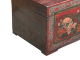 Vintage Distressed Brick Red Brown Flower Bird Oriental Wood Trunk Table ws4621S