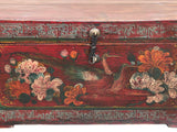 Vintage Distressed Brick Red Brown Flower Bird Oriental Wood Trunk Table ws4621S