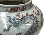 Oriental Off White Crackle Base Blue Red Dragon Ceramic Art Vase Jar ws4658S