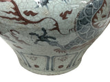 Oriental Off White Crackle Base Blue Red Dragon Ceramic Art Vase Jar ws4658S