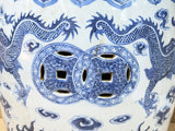 9.5" Chinese Blue White Porcelain Double Dragons Round Shape Stand Display Art GB677S
