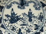 Chinese Blue White People Riding Horse Round Porcelain Display Plate ws4723S