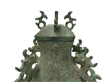 Green Gray Metal Carved Ritual Fengshui Vessel Display Art ws4785S