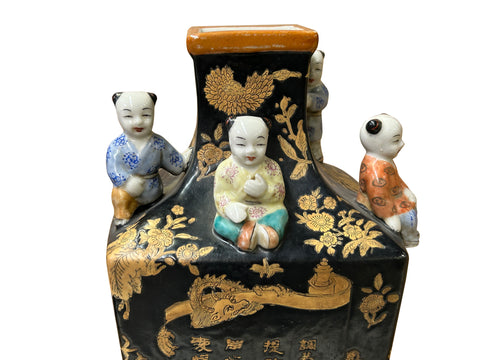 Oriental Vintage Black Copper Graphic Kids Accent Porcelain Vase ws3891S