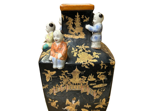 Oriental Vintage Black Copper Graphic Kids Accent Porcelain Vase ws3891S