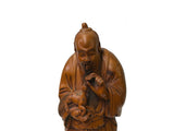 Chinese Boxwood Longevity Goddess Holding Baby Deer Statue ws4898S