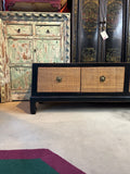 Oriental Black Light Tan Rattan Doors Trapezoid Low TV Stand Console Table Cabinet cs7693S