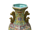 Chinese Yellow Base Hexagon Canton Famille Rose Porcelain Art Vase GB312S