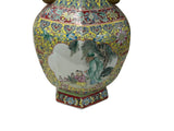 Chinese Yellow Base Hexagon Canton Famille Rose Porcelain Art Vase GB312S