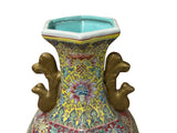 Chinese Yellow Base Hexagon Canton Famille Rose Porcelain Art Vase GB312S