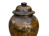 Chinese Distressed Brown Lacquer Golden Scenery Wood Temple Jar ws4763S