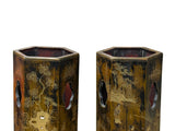Pair Chinese Matte Gold Scenery Hexagonal Display Wood Brush Pots ws4856S