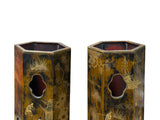 Pair Chinese Matte Gold Scenery Hexagonal Display Wood Brush Pots ws4856S