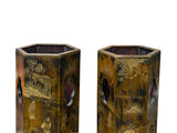 Pair Chinese Matte Gold Scenery Hexagonal Display Wood Brush Pots ws4856S
