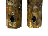 Pair Chinese Matte Gold Scenery Hexagonal Display Wood Brush Pots ws4856S