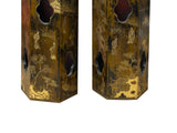 Pair Chinese Matte Gold Scenery Hexagonal Display Wood Brush Pots ws4856S