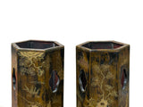 Pair Chinese Matte Gold Scenery Hexagonal Display Wood Brush Pots ws4856S