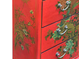 Oriental Bright Red Golden Flower Bird Graphic Drawers Chest ws5065S