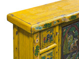 Vintage Chinese Yellow Lacquered Wood Credenza Sideboard Carved Scenic Panels ws5016S