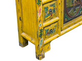 Vintage Chinese Yellow Lacquered Wood Credenza Sideboard Carved Scenic Panels ws5016S