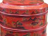 Vintage Chinese Red Golden Scenery Graphic Round Wood Stack Basket Table GB748S