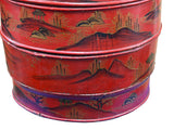 Vintage Chinese Red Golden Scenery Graphic Round Wood Stack Basket Table GB748S