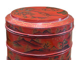 Vintage Chinese Red Golden Scenery Graphic Round Wood Stack Basket Table GB748S