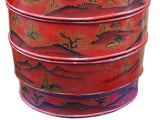 Vintage Chinese Red Golden Scenery Graphic Round Wood Stack Basket Table GB748S