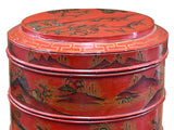 Vintage Chinese Red Golden Scenery Graphic Round Wood Stack Basket Table GB748S