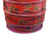 Vintage Chinese Red Golden Scenery Graphic Round Wood Stack Basket Table GB748S