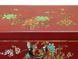 Chinese Red Vinyl Moon Face Flower Birds End Table Nightstand GB063S