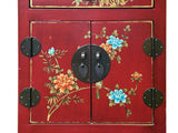 Chinese Red Vinyl Moon Face Flower Birds End Table Nightstand GB063S