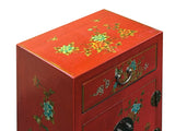 Chinese Red Vinyl Moon Face Flower Birds End Table Nightstand GB063S