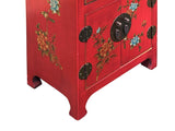 Chinese Red Vinyl Moon Face Flower Birds End Table Nightstand GB063S