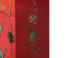 Chinese Red Vinyl Moon Face Flower Birds End Table Nightstand GB063S